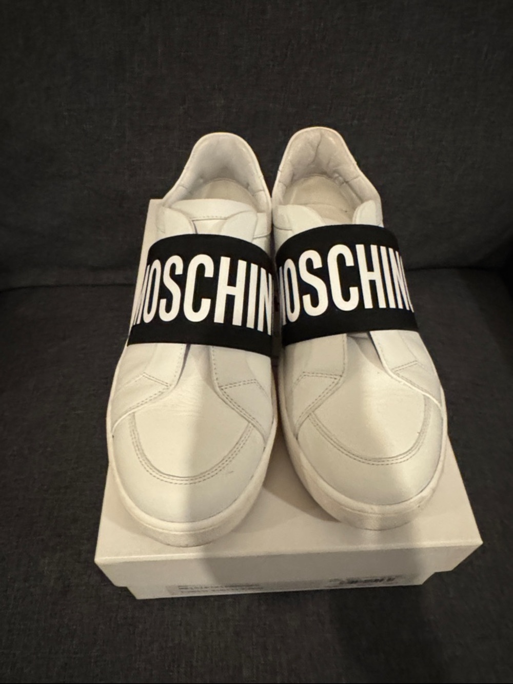 Moschino White Leather Sneakers with Black Logo Strap